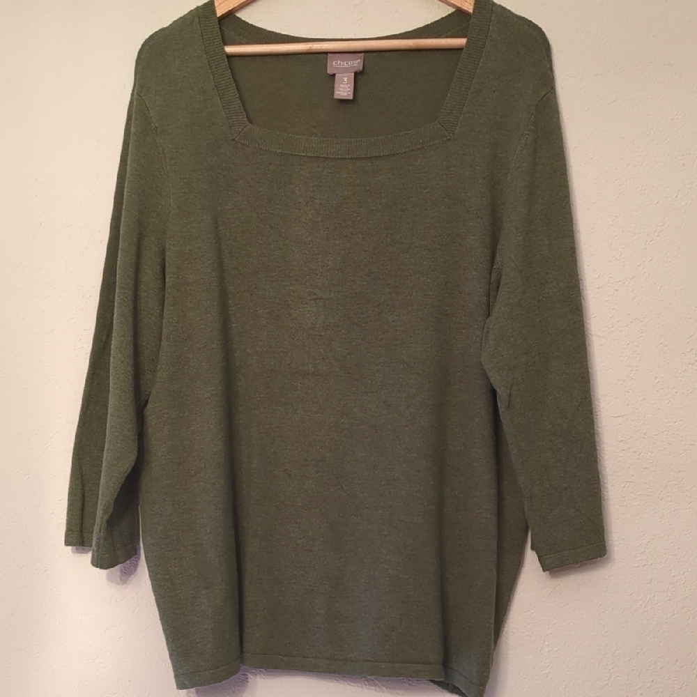 Chico's Square Neckline 3/4 Sleeves Soft Women's Olive Preppy Green Sweater Xl